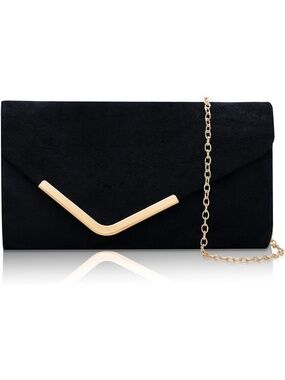 〽️ Women's Black Suede Shiny Sequin Envelope Clutch Purse Chain Evening Bags